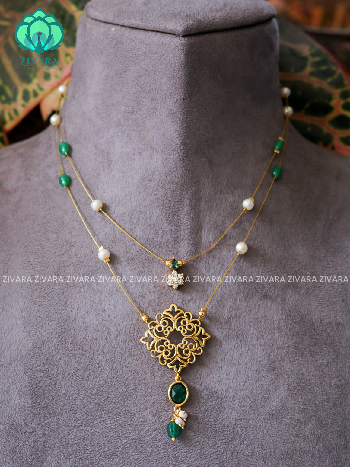 GREEN FLOWER PENDANT STEP TAMARA pendant INVISIBLE MINIMAL ELEGANT HANDMADE NECKLACE WITH BRILLIANT FINISH MOTIFS- ZIVARA FASHION