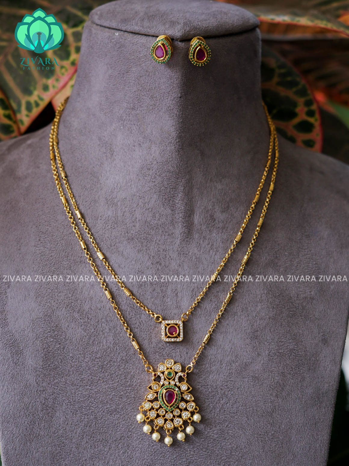 RUBY GREEN - DOUBLE LAYER PEACOCK THIN PARROT CHAIN  -Traditional south indian premium neckwear with earrings- Zivara Fashion- latest jewellery design
