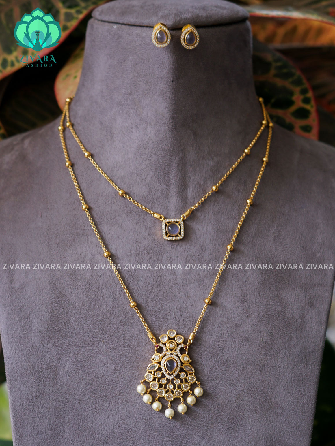 PURPLE - DOUBLE LAYER PEACOCK THIN PARROT CHAIN  -Traditional south indian premium neckwear with earrings- Zivara Fashion- latest jewellery design.