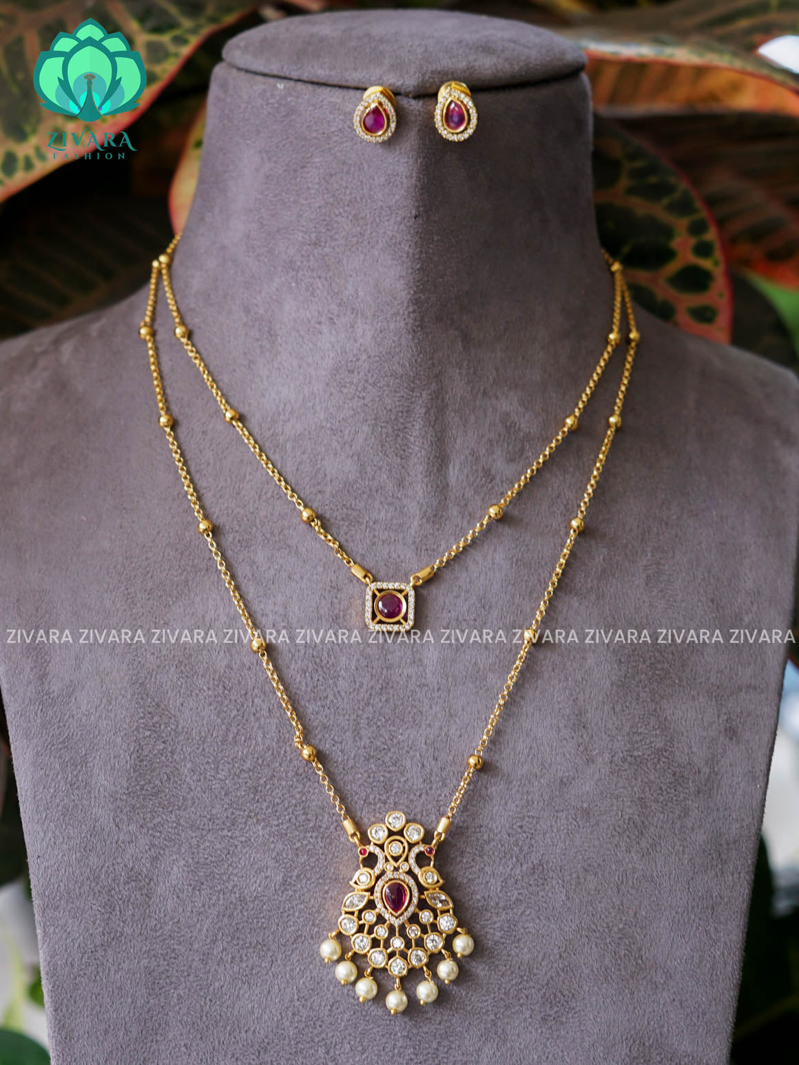 RUBY  - DOUBLE LAYER PEACOCK THIN PARROT CHAIN  -Traditional south indian premium neckwear with earrings- Zivara Fashion- latest jewellery design. (Copy)