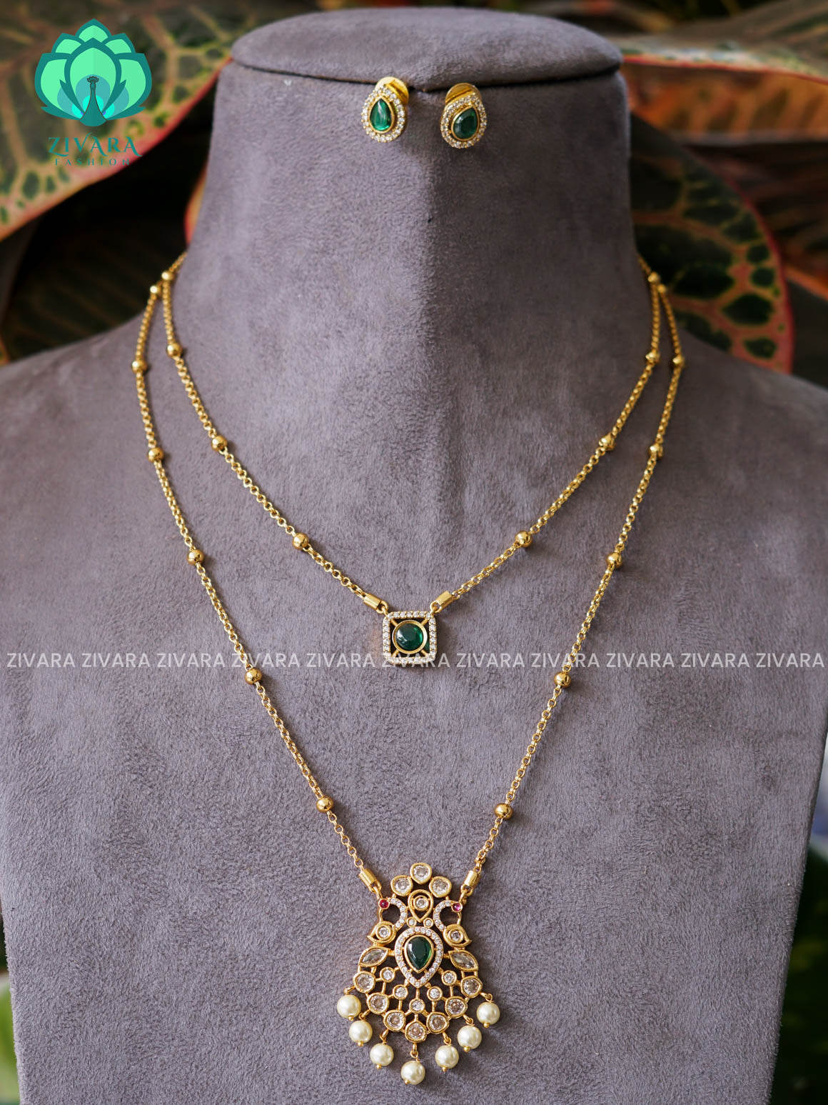 GREEN - DOUBLE LAYER PEACOCK THIN PARROT CHAIN  -Traditional south indian premium neckwear with earrings- Zivara Fashion- latest jewellery design