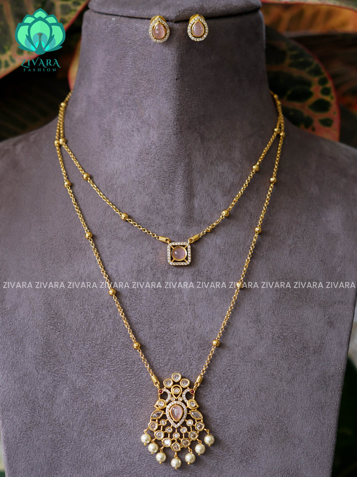 PINK - DOUBLE LAYER PEACOCK THIN PARROT CHAIN  -Traditional south indian premium neckwear with earrings- Zivara Fashion- latest jewellery design