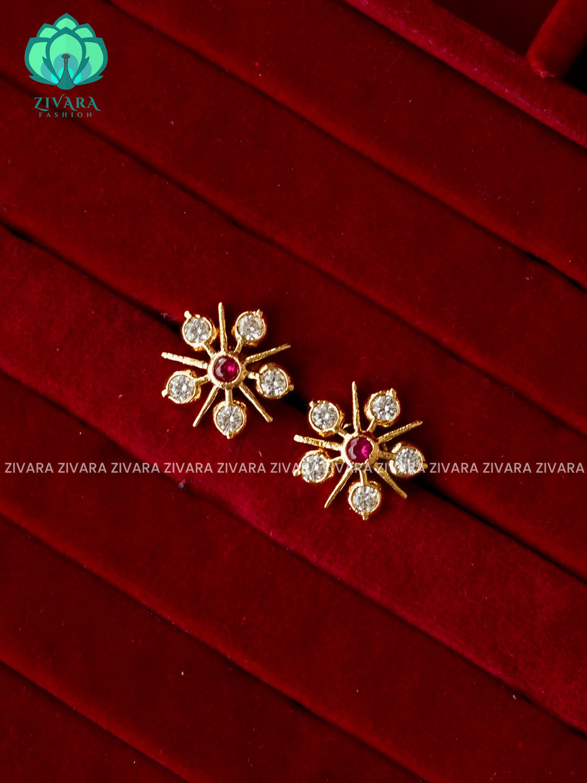 MEDIUM SIZE WHITE AND WHITE STONE FLORAL MICRO  GOLD POLISH STUD - latest jewellery collection- zivara fashion
