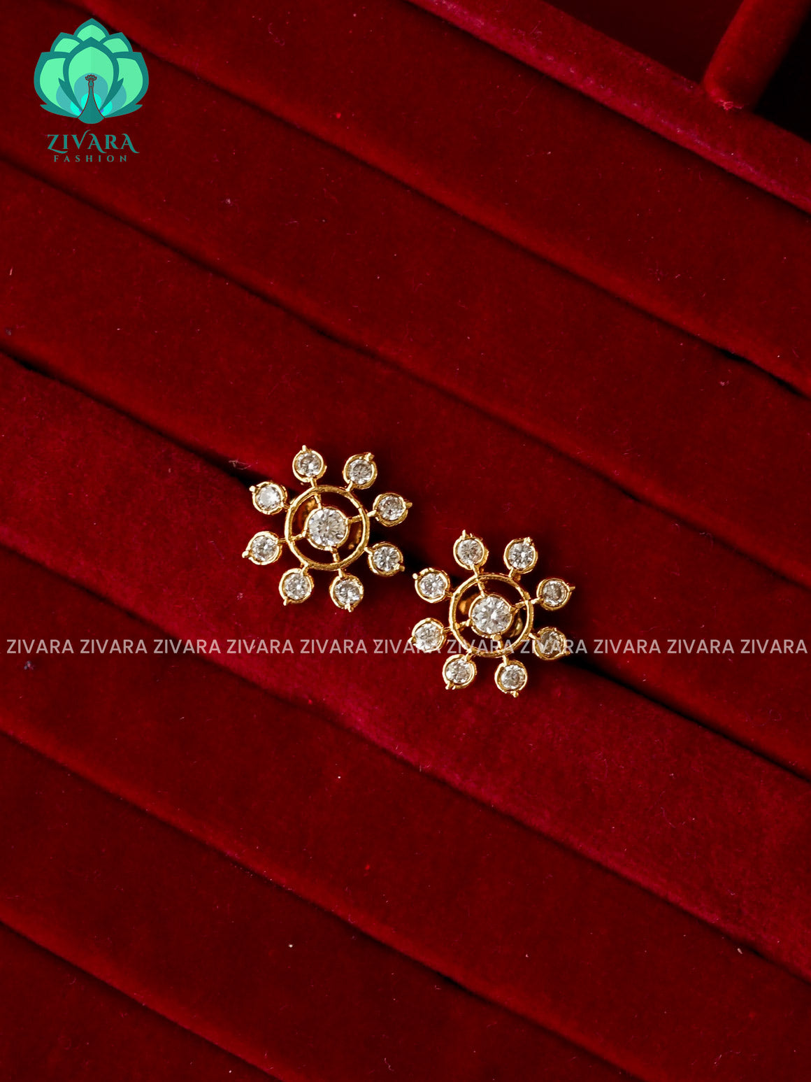 ZYRA- MEDIUM SIZE WHITE STONE FLORAL MICRO  GOLD POLISH STUD - latest jewellery collection- zivara fashion