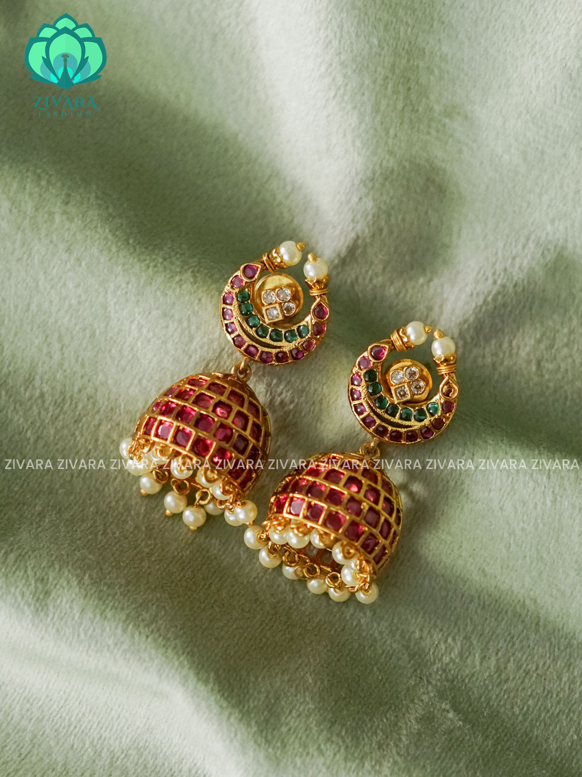 RUBY GREEN WHITE STONE Moon JHUMKA- Bridal PREMIUM MATTE  polish JHUMKA- latest jewellery collection- zivara fashion