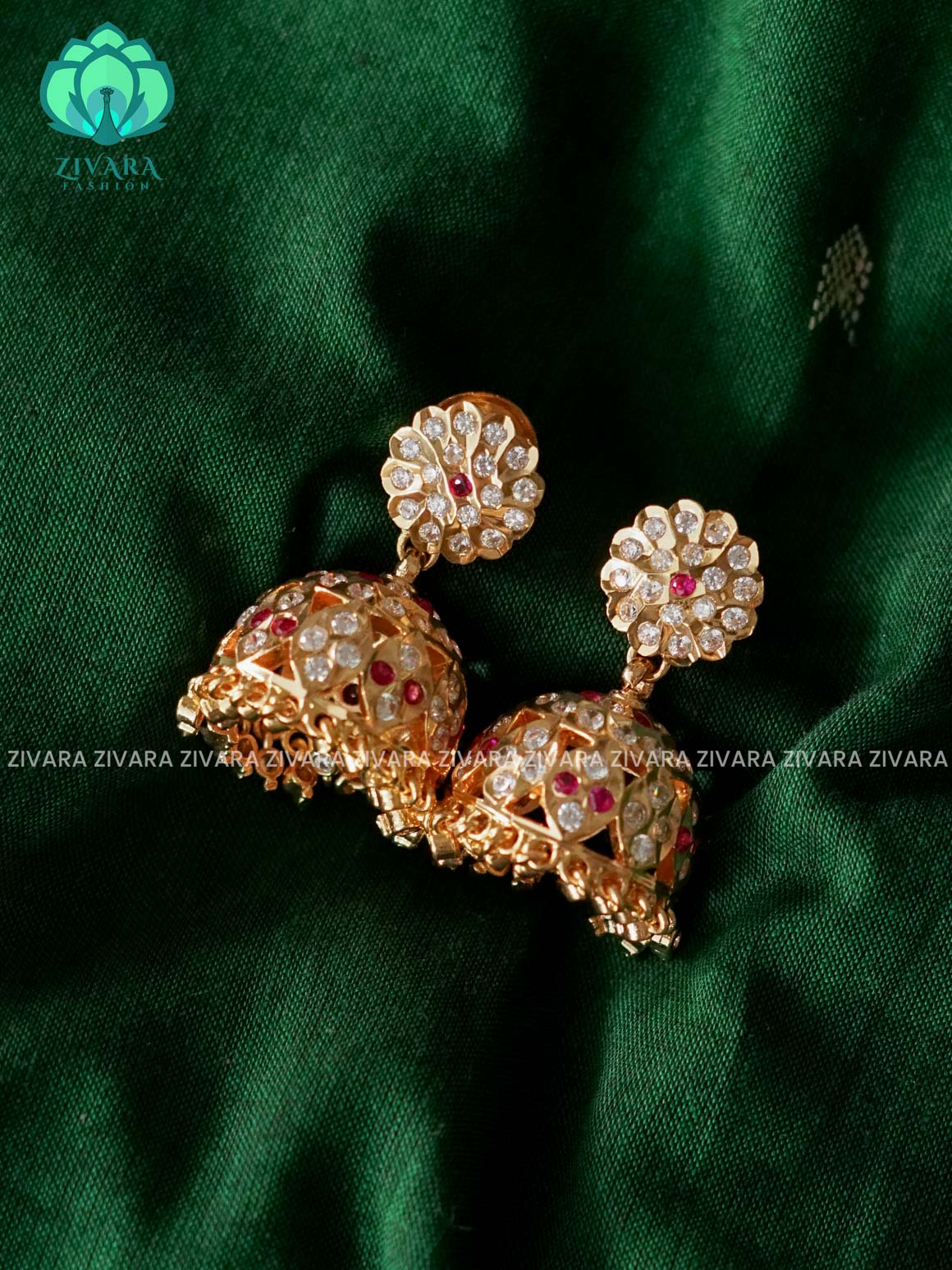 AMBIGAI - WHITE RUBY STONE MICROGOLD POLISH JHUMKAS - Zivara Fashion- latest jewellery design