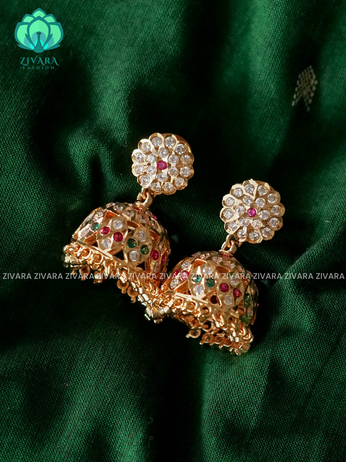 AMBIGAI - WHITE RUBY STONE MICROGOLD POLISH JHUMKAS - Zivara Fashion- latest jewellery design