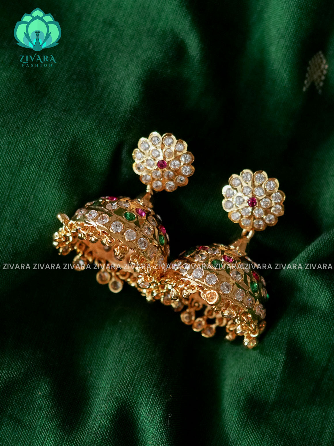 AMBIGAI - WHITE RUBY STONE MICROGOLD POLISH JHUMKAS - Zivara Fashion- latest jewellery design