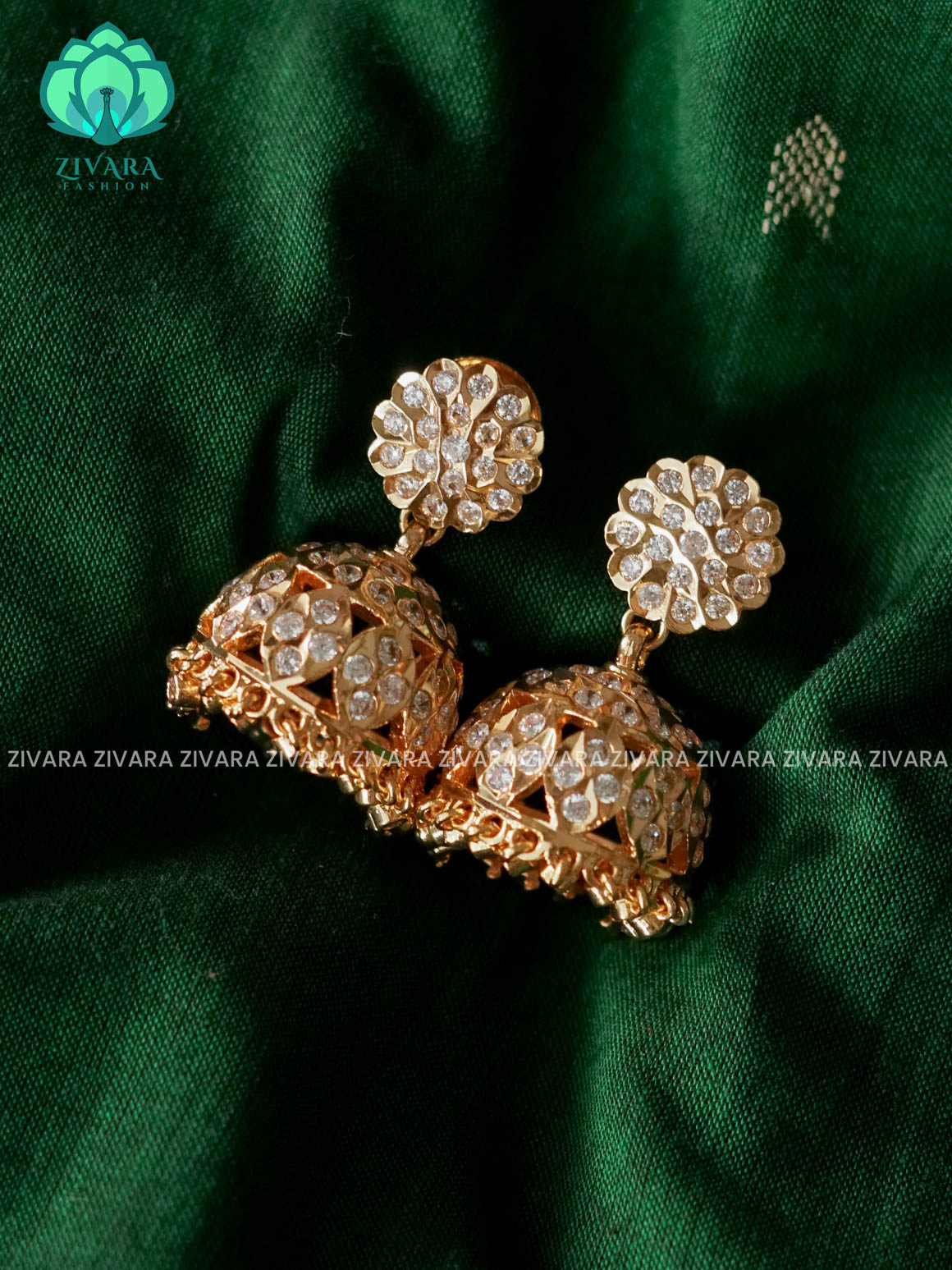 AMBIGAI - WHITE STONE MICROGOLD POLISH JHUMKAS - Zivara Fashion- latest jewellery design