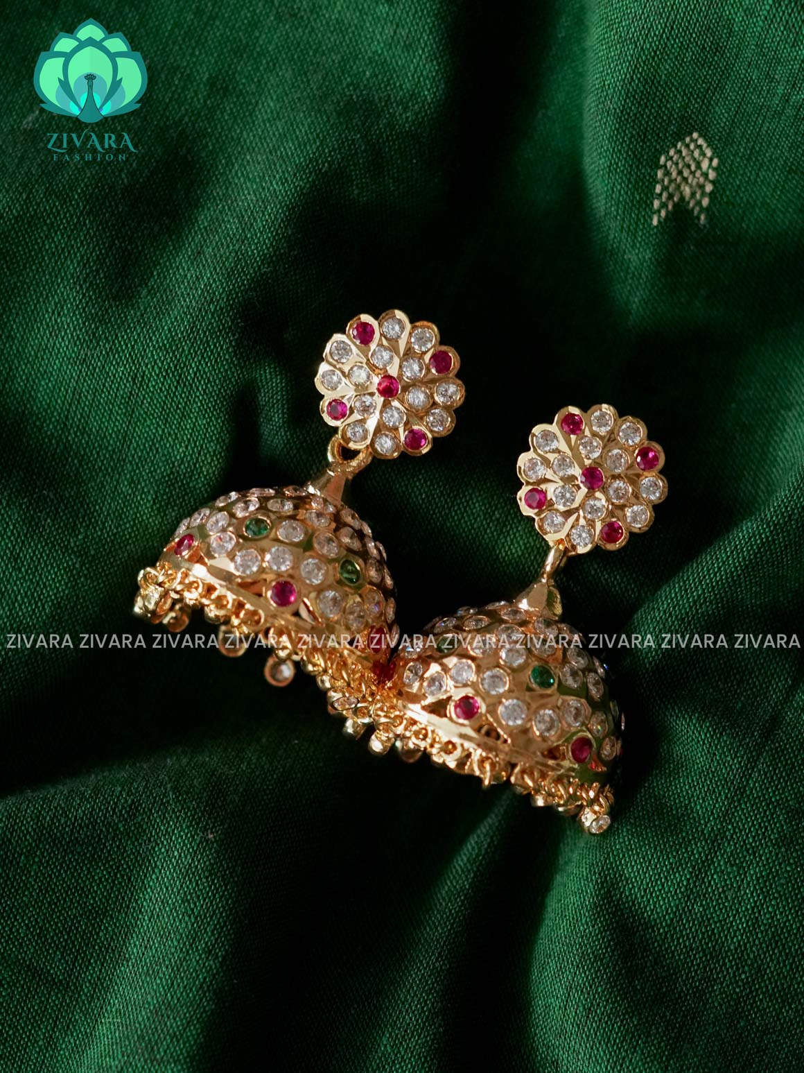 AMBIGAI - WHITE RUBY GREEN STONE MICROGOLD POLISH JHUMKAS - Zivara Fashion- latest jewellery design