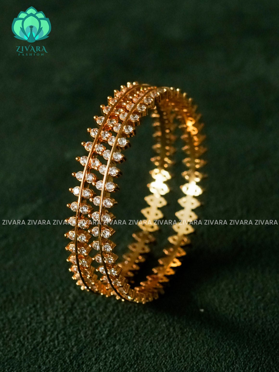 ZYRA - 2 piece white stone motif micro gold polish bangles  - Premium quality daily use bangles - Zivara fashion