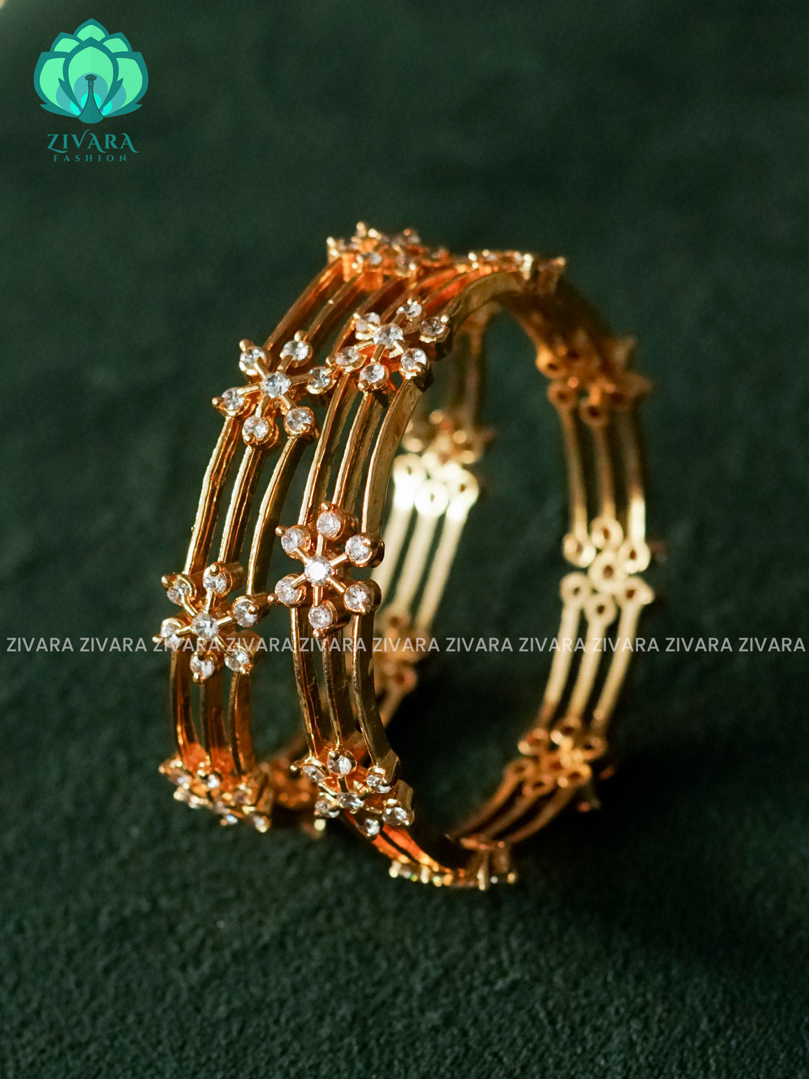 ZYRA - 2 piece white stone motif micro gold polish bangles  - Premium quality daily use bangles - Zivara fashion