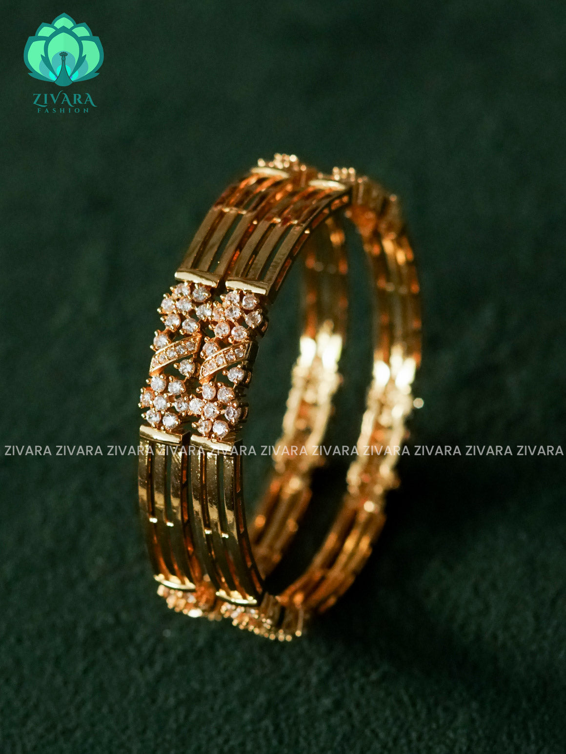 ZYRA - 2 piece white stone motif micro gold polish bangles  - Premium quality daily use bangles - Zivara fashion