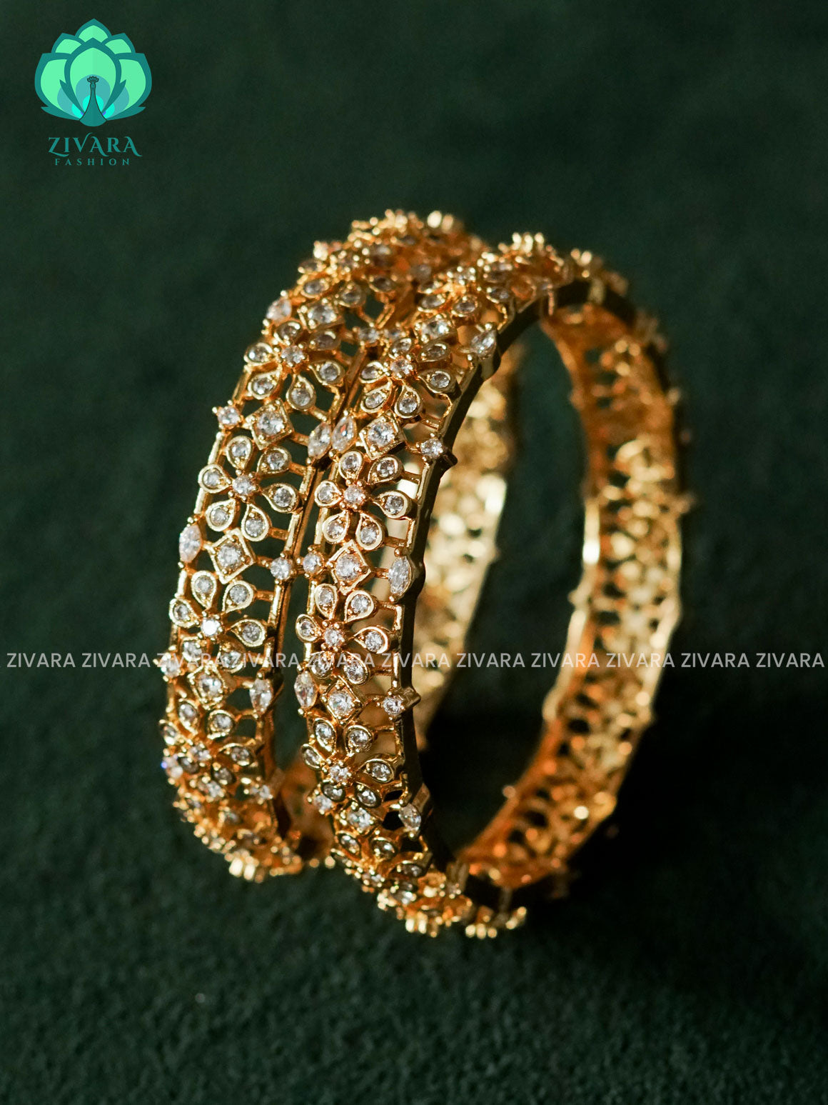 ZYRA - 2 piece white stone temple micro gold polish bangles  - Premium quality daily use bangles - Zivara fashion