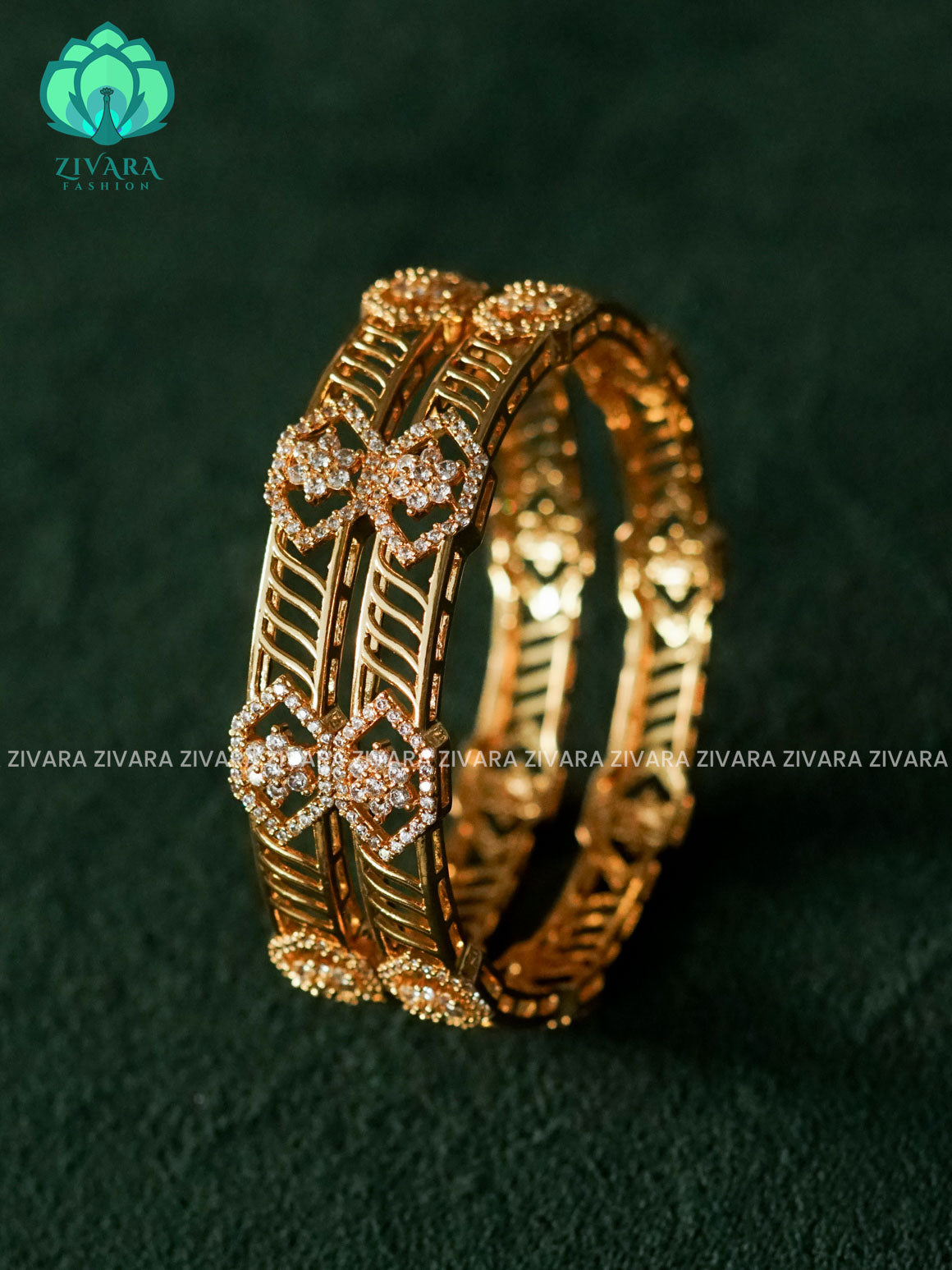 ZYRA - 2 piece white stone motif micro gold polish bangles  - Premium quality daily use bangles - Zivara fashion