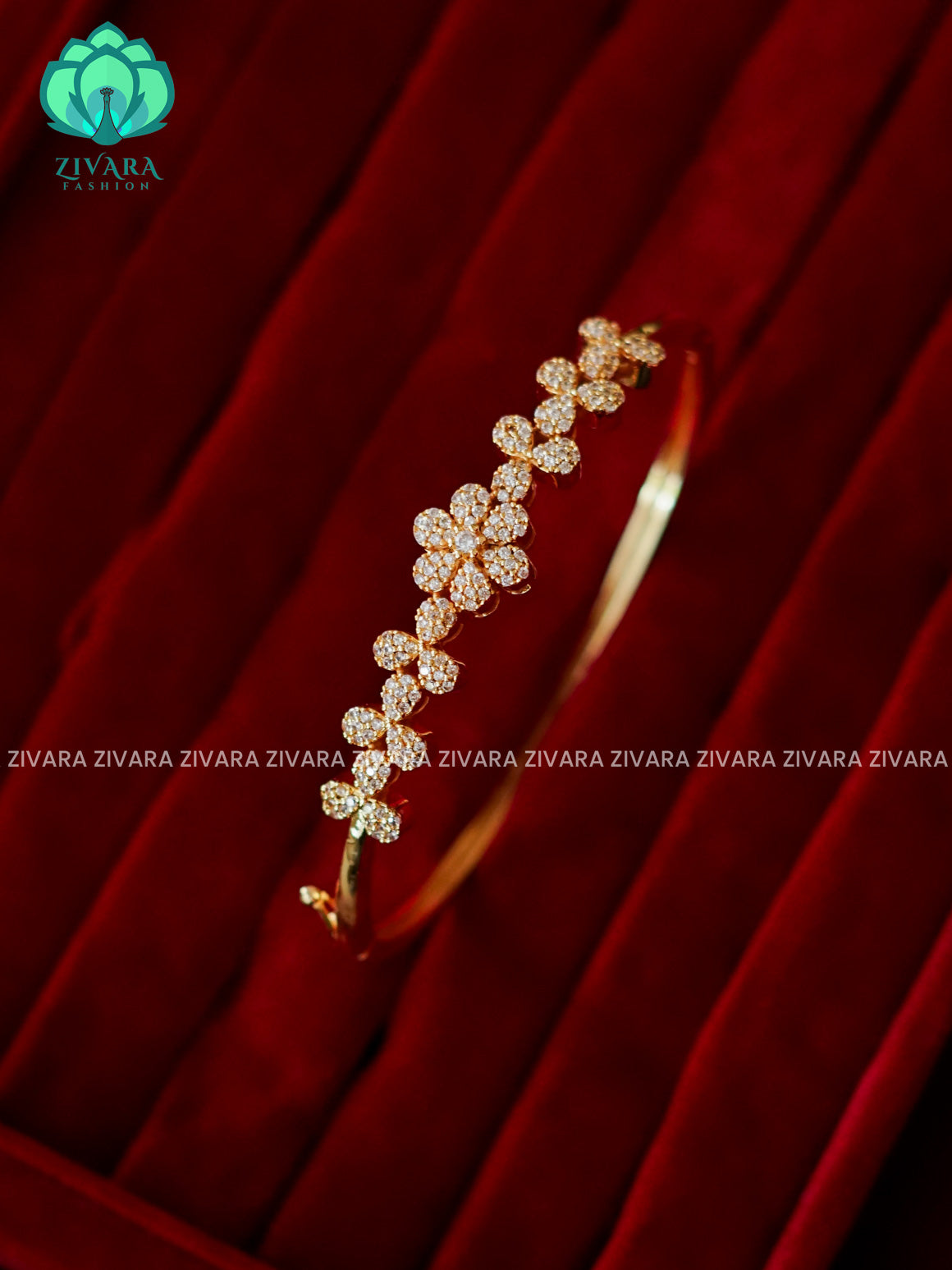 ZYRA - 1 piece white stone floral motif micro gold polish free size open type KADA - Premium quality daily use KADA - Zivara fashion