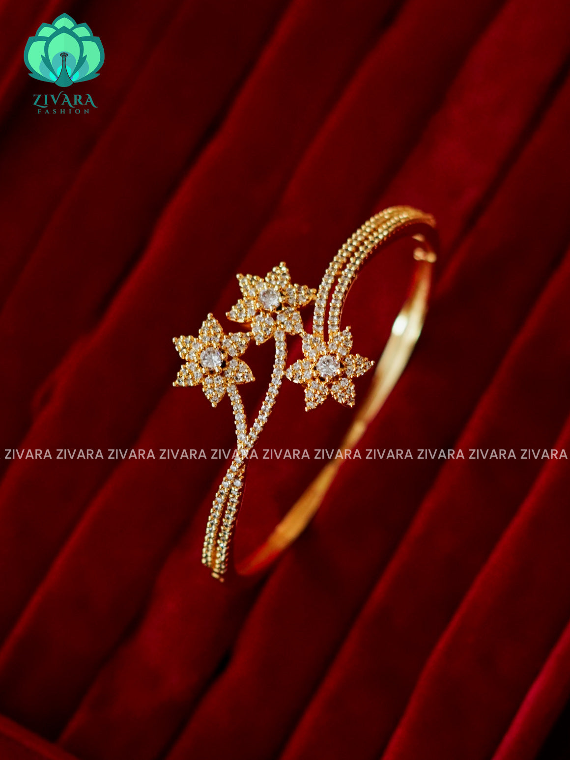 ZYRA - 1 piece white stone flower motif micro gold polish free size open type KADA - Premium quality daily use KADA - Zivara fashion