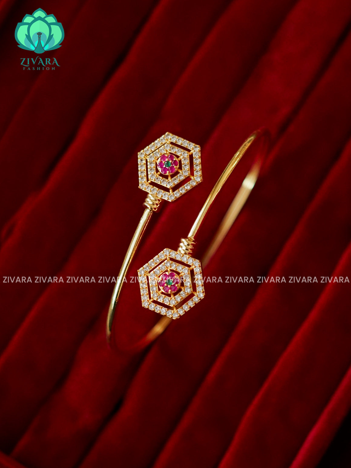 ZYRA - 1 piece white ruby green stone motif micro gold polish free size KADA - Premium quality daily use KADA - Zivara fashion