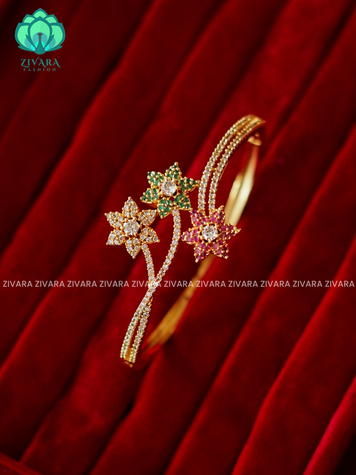 ZYRA - 1 piece white ruby green stone flower motif micro gold polish free size open type KADA - Premium quality daily use KADA - Zivara fashion