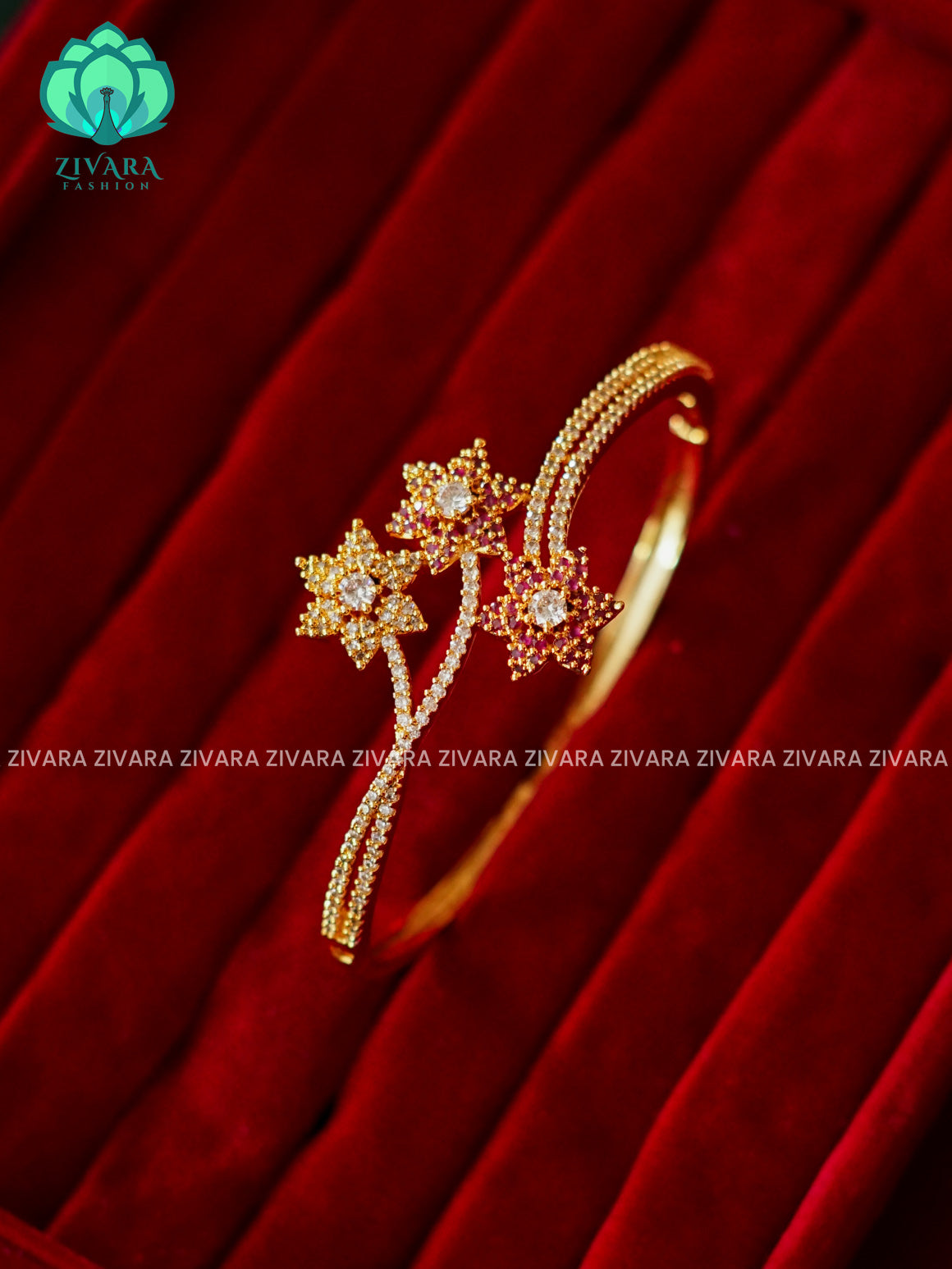 ZYRA - 1 piece white ruby stone flower motif micro gold polish free size open type KADA - Premium quality daily use KADA - Zivara fashion