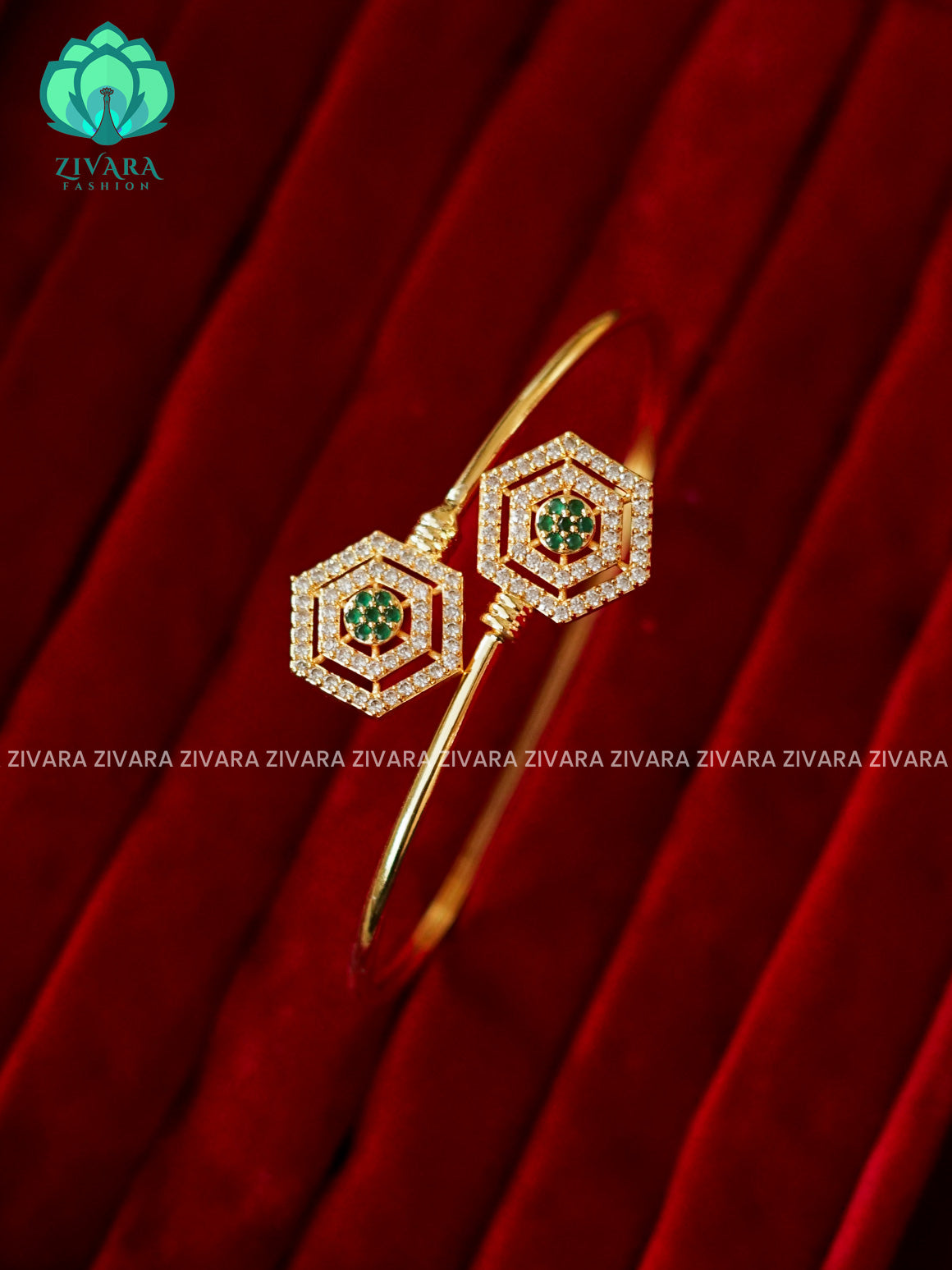ZYRA - 1 piece white green stone motif micro gold polish free size KADA  - Premium quality daily use KADA - Zivara fashion