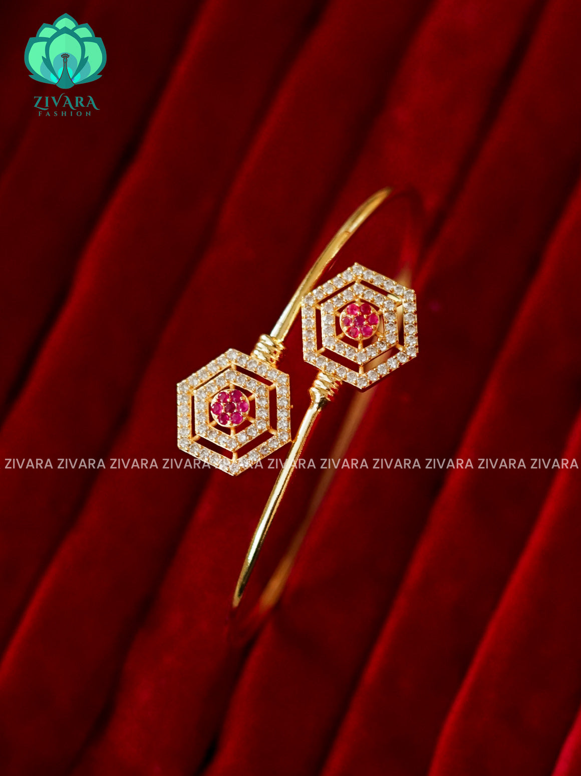 ZYRA - 1 piece white ruby stone motif micro gold polish free size KADA  - Premium quality daily use KADA - Zivara fashion