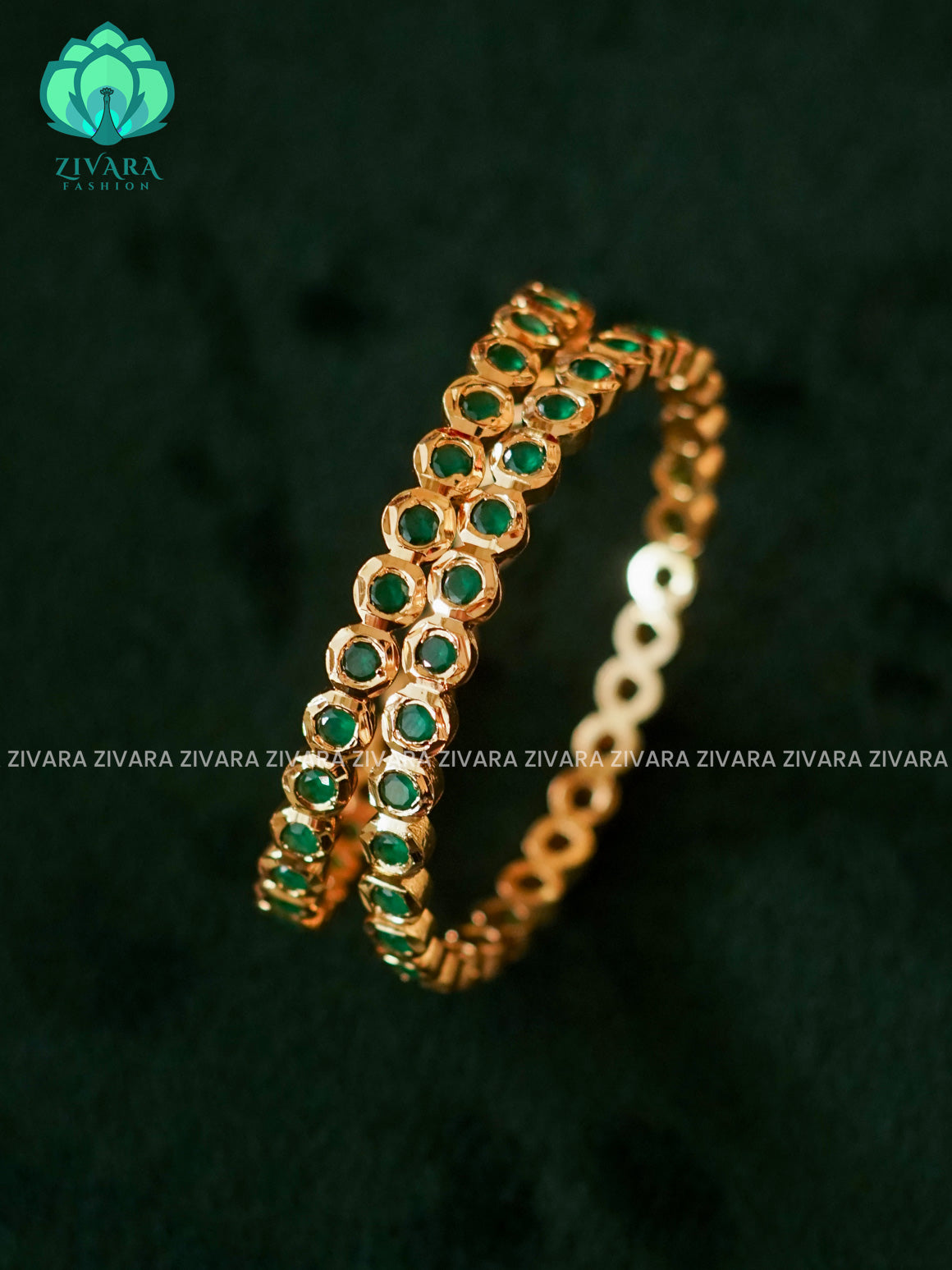 ZYRA - 2 piece green stone micro gold polish bangles  - Premium quality daily use bangles - Zivara fashion