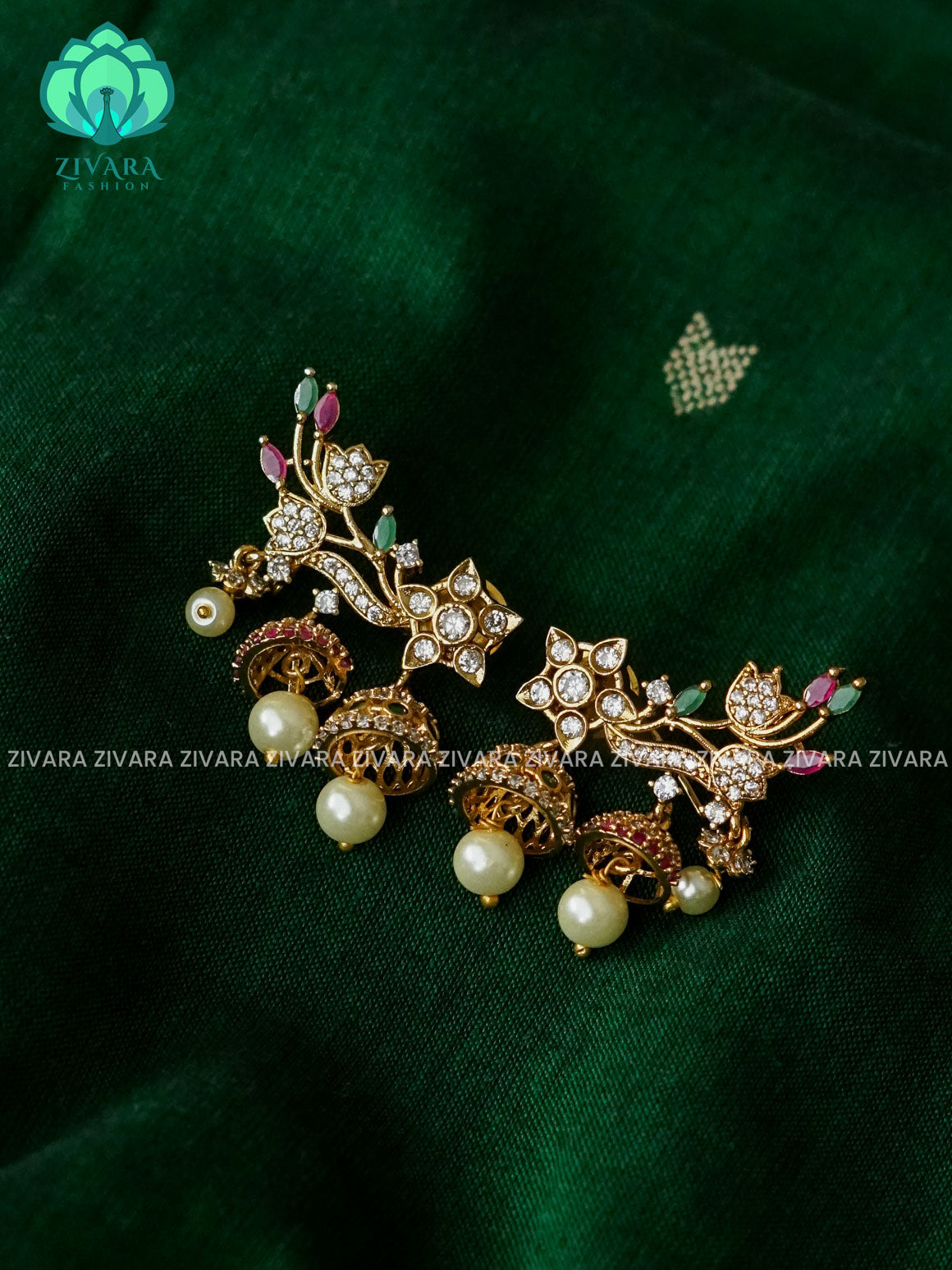 WHITE RUBY GREEN STONE FLOWER MINI EARCUFF DOUBLE JHUMKA - Bridal PREMIUM MATTE  polish JHUMKA- latest jewellery collection- zivara fashion
