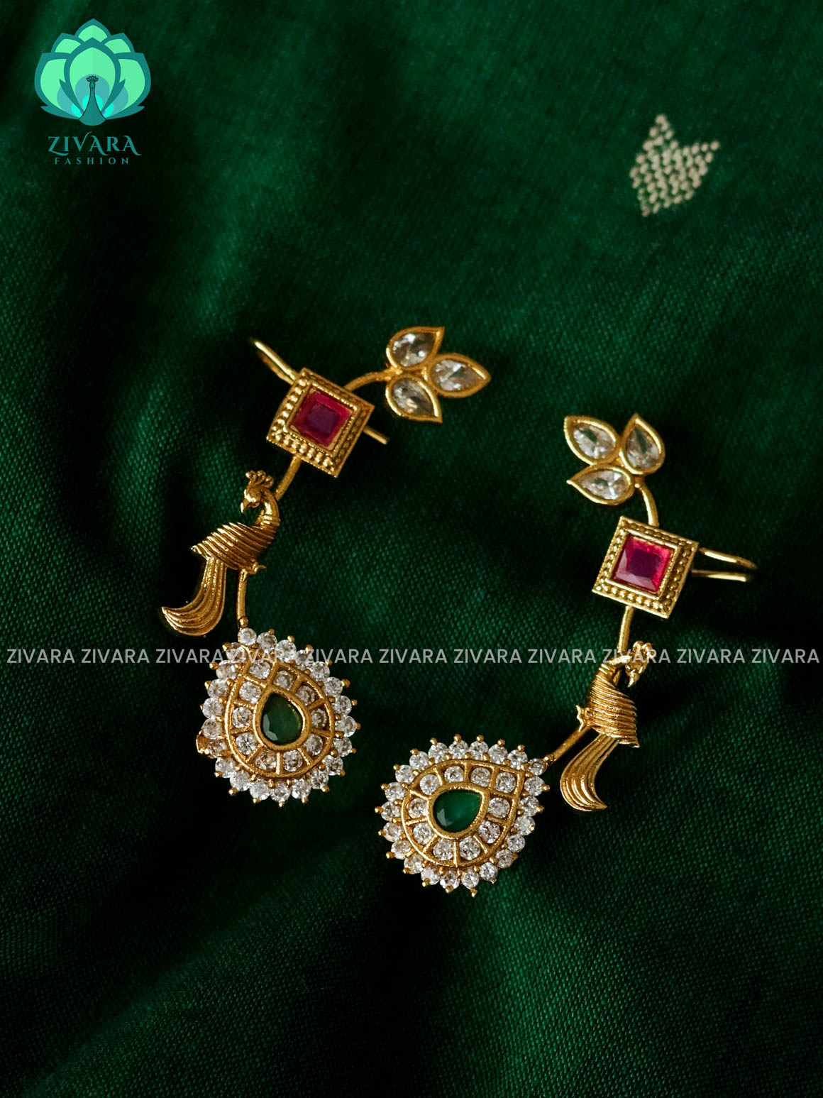 REAL KEMP PEACOCK SEMI EARCUFF latest jewellery collection- zivara fashion