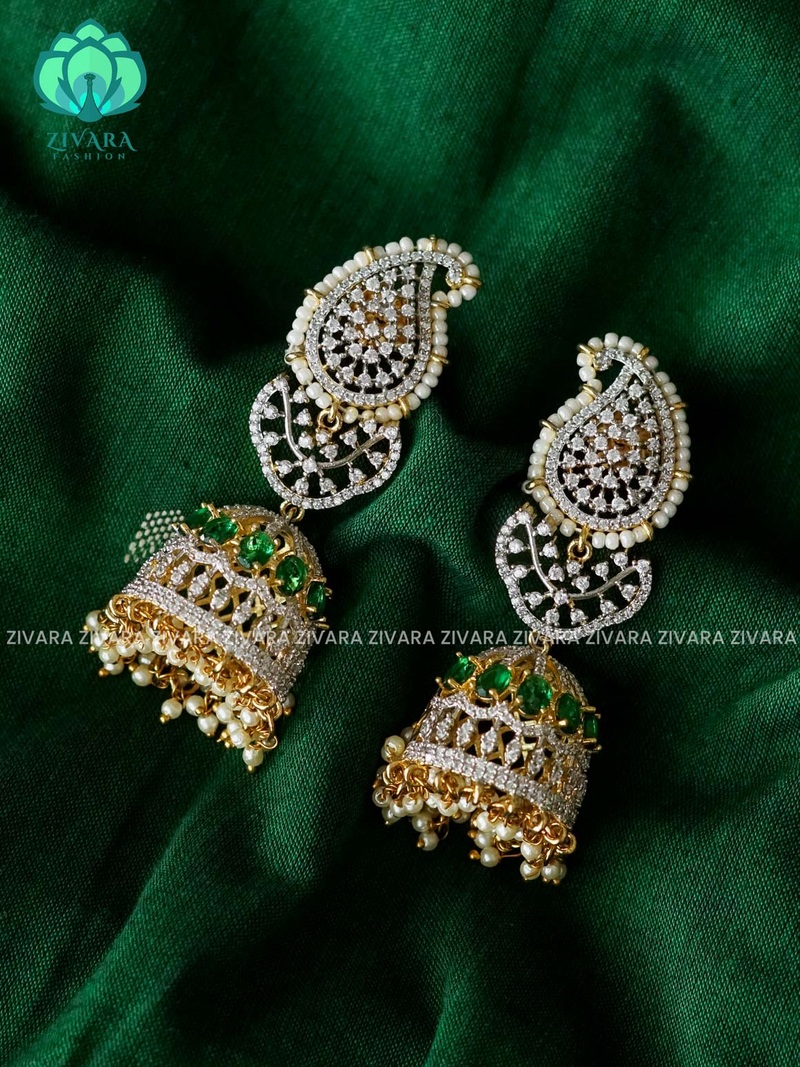 BRIDAL GREEN WHITE AD STONE MOTIF FREE  JHUMKA - latest trending collection - ZIVARA FASHION