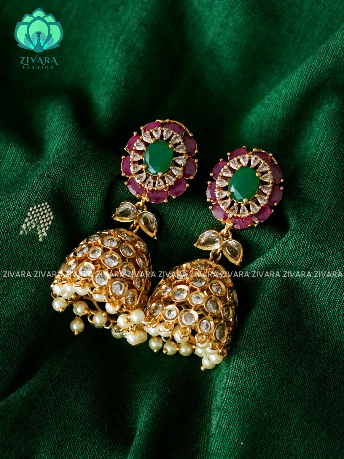 RUBY GREEN STONE flower JHUMKA- Bridal PREMIUM MATTE  polish JHUMKA- latest jewellery collection- zivara fashion