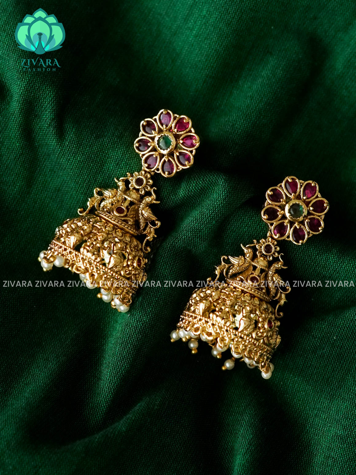 DIYA- REAL KEMP TEMPLE  JHUMKAS - TRADITIONAL PREMIUM MATTE  polish JHUMKA- latest jewellery collection- zivara fashion