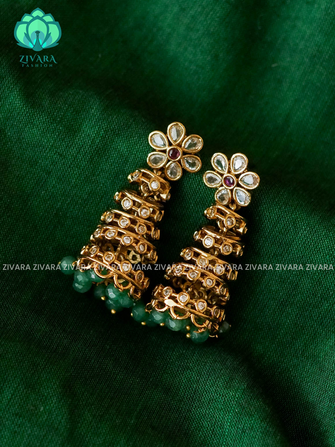 DIYA- FIVE LAYER RUBY WHITE STONE WITH GREEN BEADS HANGINGS - TRADITIONAL PREMIUM MATTE  polish JHUMKA- latest jewellery collection- zivara fashion