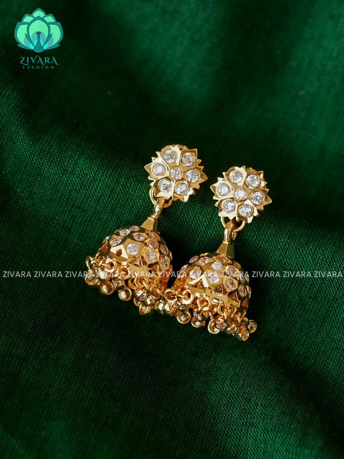 AMBIGAI - WHITE STONE IMPON JHUMKAS - Zivara Fashion- latest jewellery design