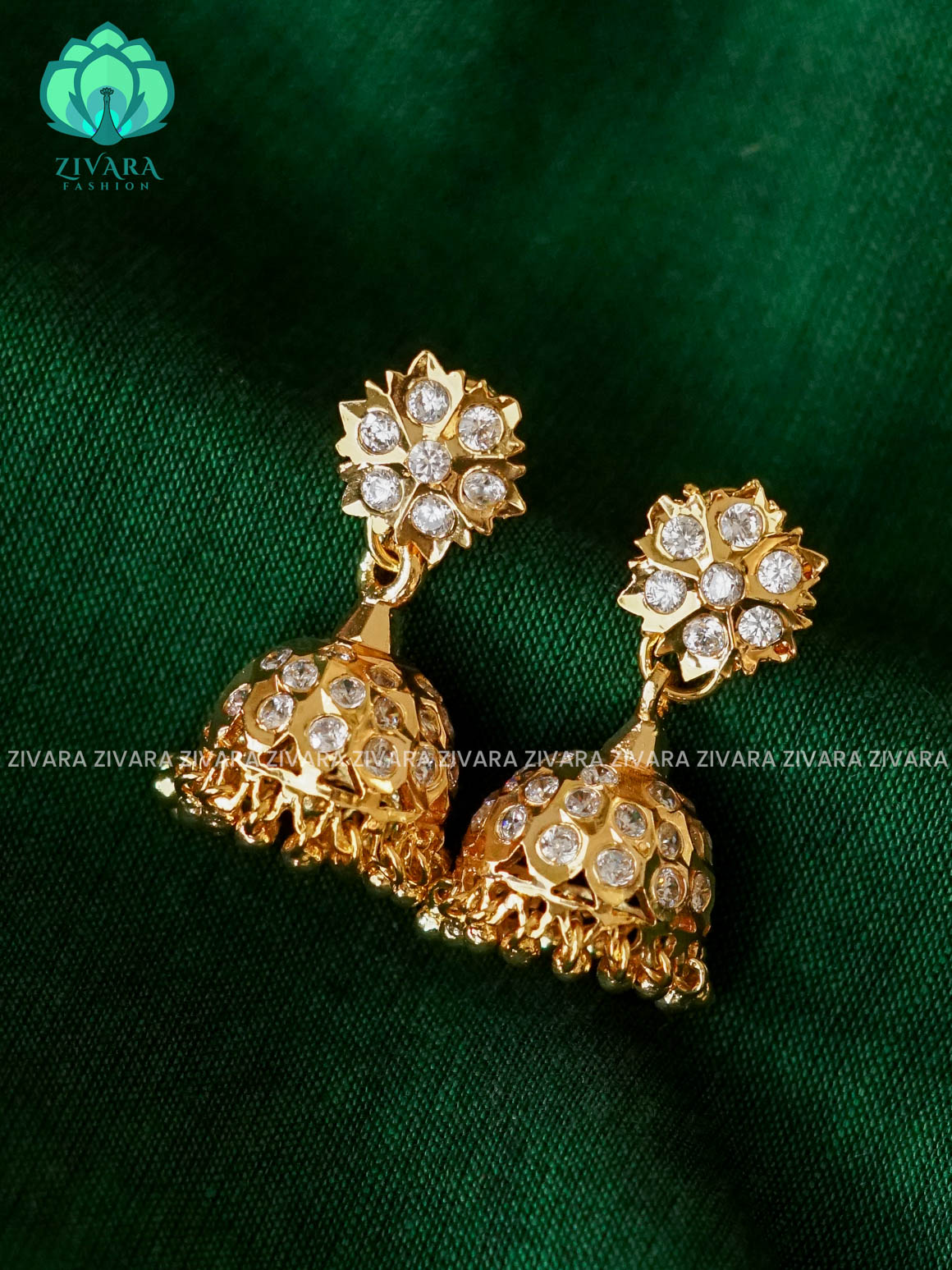 AMBIGAI - WHITE STONE IMPON JHUMKAS - Zivara Fashion- latest jewellery design