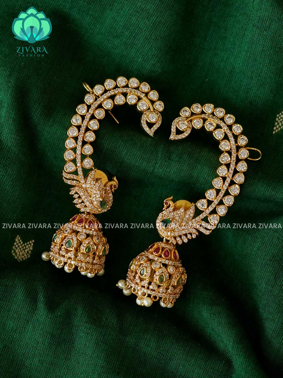RUBY GREEN  PEACOCK EARCUFF JHUMKA - latest jewellery collection- zivara fashion