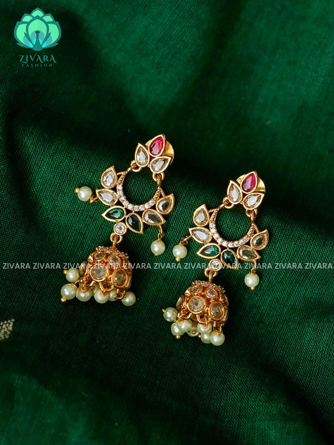 DIYA - REAL KEMP MOON JHUMKA WITH PEARL - TRADITIONAL PREMIUM MATTE  polish JHUMKA- latest jewellery collection- zivara fashion
