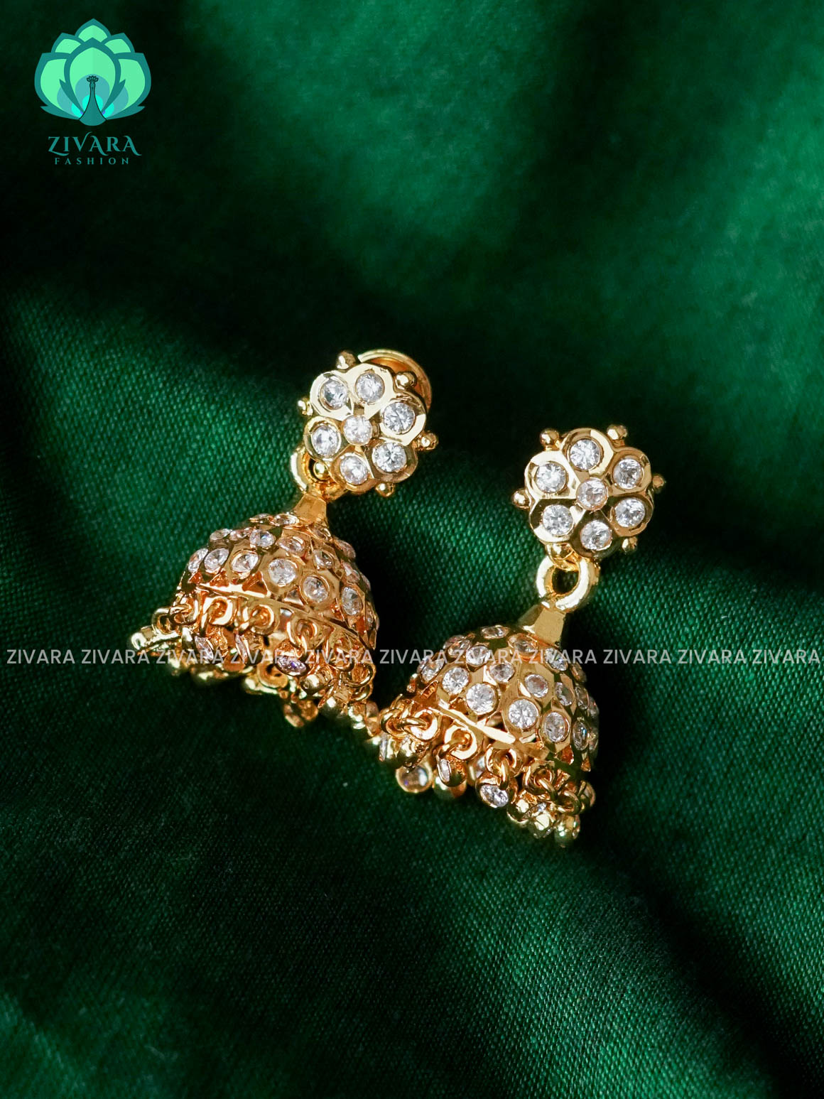 AMBIGAI - WHITE STONE IMPON JHUMKAS - Zivara Fashion- latest jewellery design