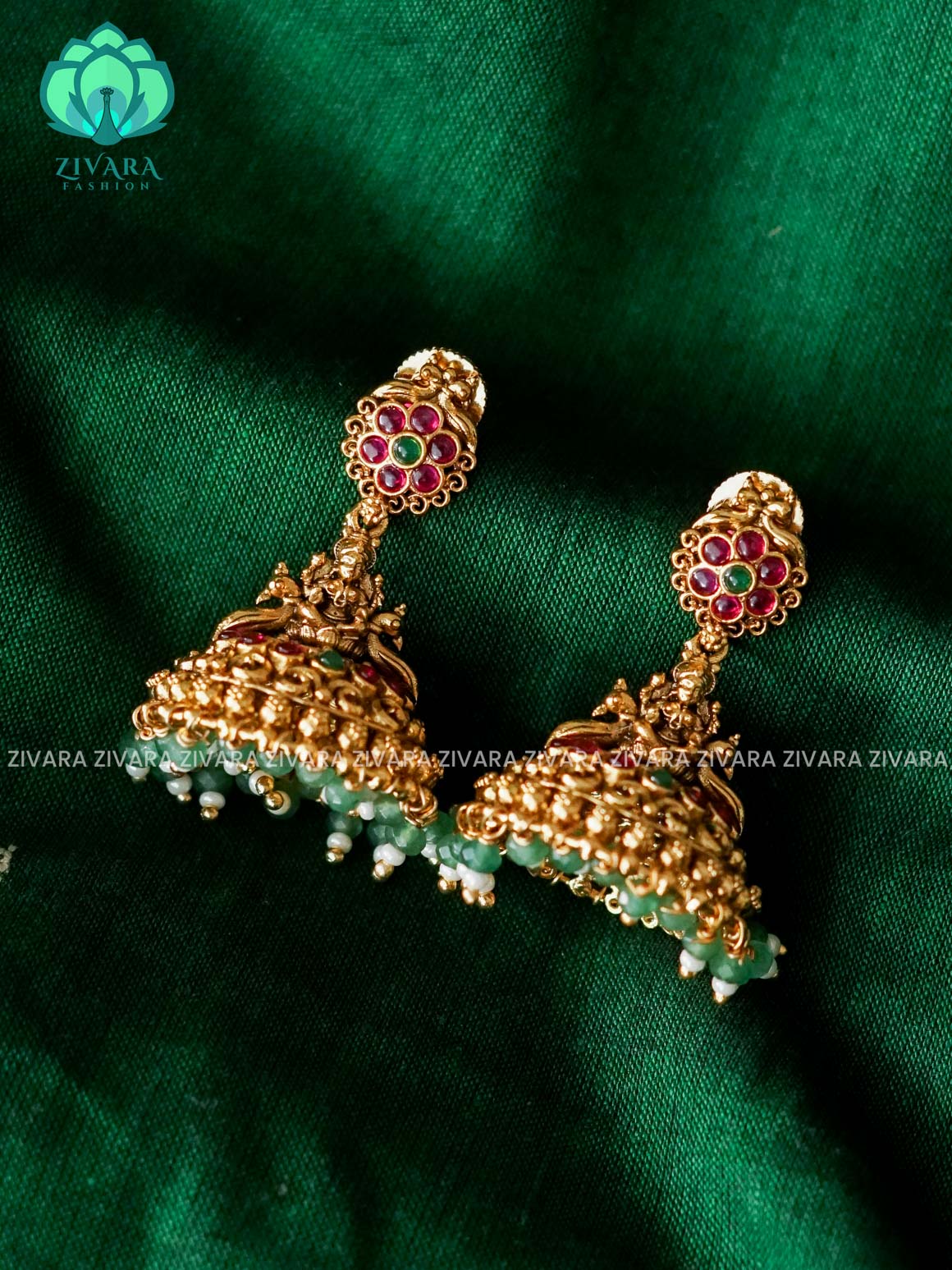 TEMPLE PEACOCK JADAU  JHUMKA WITH GREEN BEADS HANGINGS - TRADITIONAL PREMIUM MATTE  polish JHUMKA- latest jewellery collection- zivara fashion