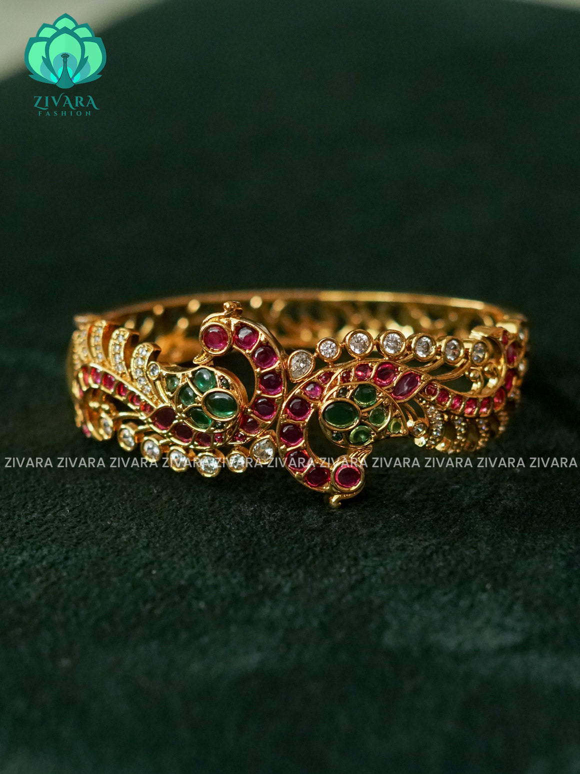 1 piece REAL KEMP PEACOCK KADA - Premium gold FINISH free size screw type kada bangle- latest jewellery collection- Zivara Fashion