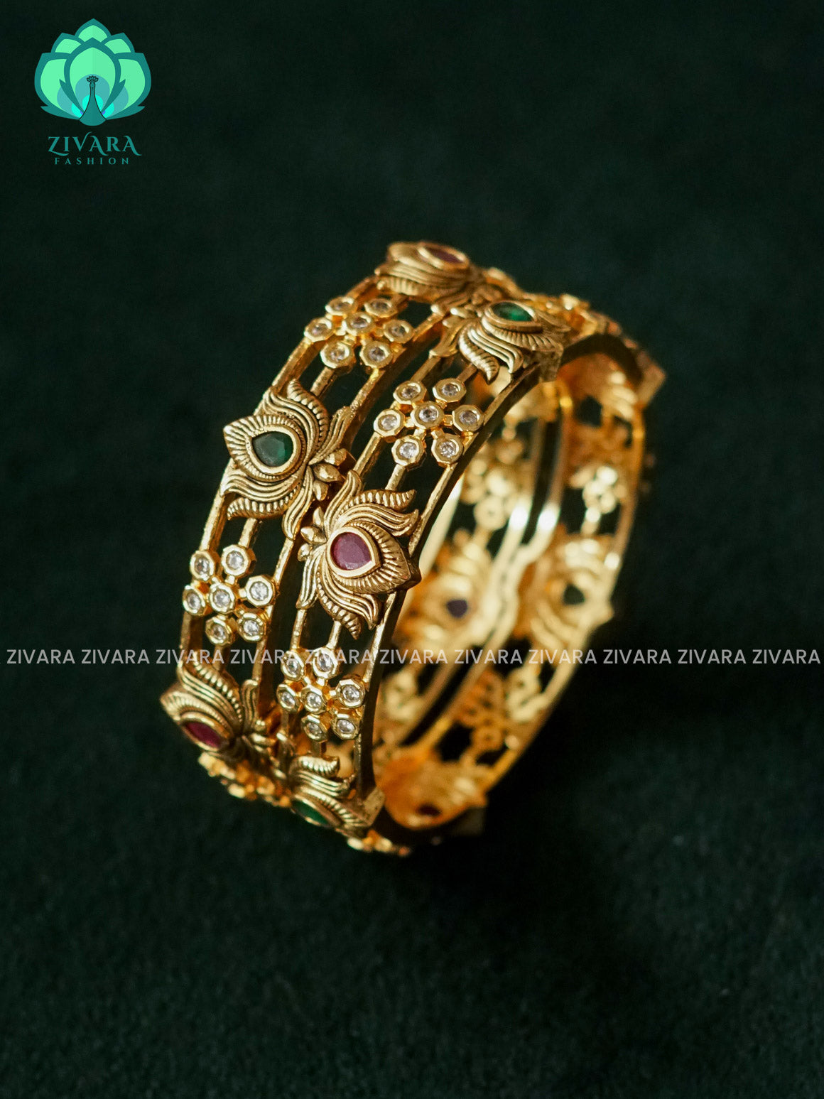 2 piece ruby green lotus flower premium matte finish bangles - latest jewellery collection - ZIVARA FASHION