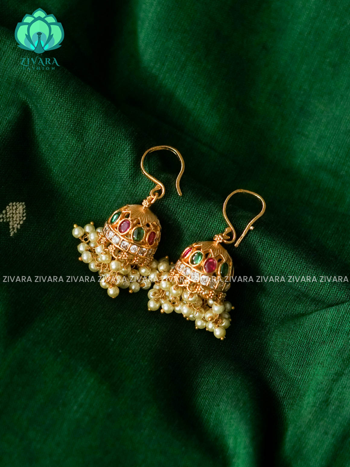 RUBY AND GREEN stone hook type - TRADITIONAL PREMIUM MATTE  polish JHUMKA- latest jewellery collection- zivara fashion
