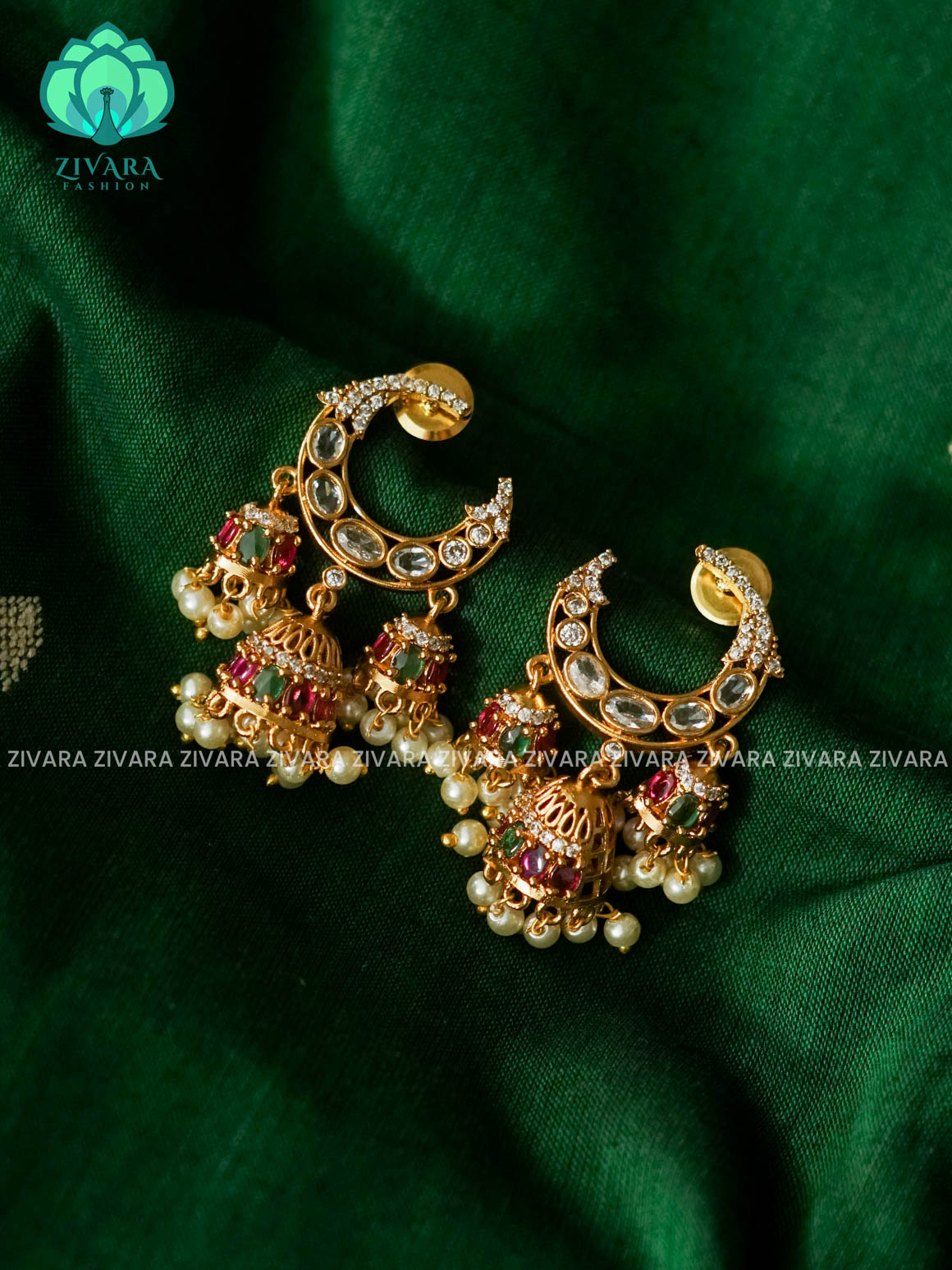 HALF MOON WHITE STONE  BRIDAL THREE JHUMKA WITH GREEN BEADS HANGINGS - latest trending collection - ZIVARA FASHION