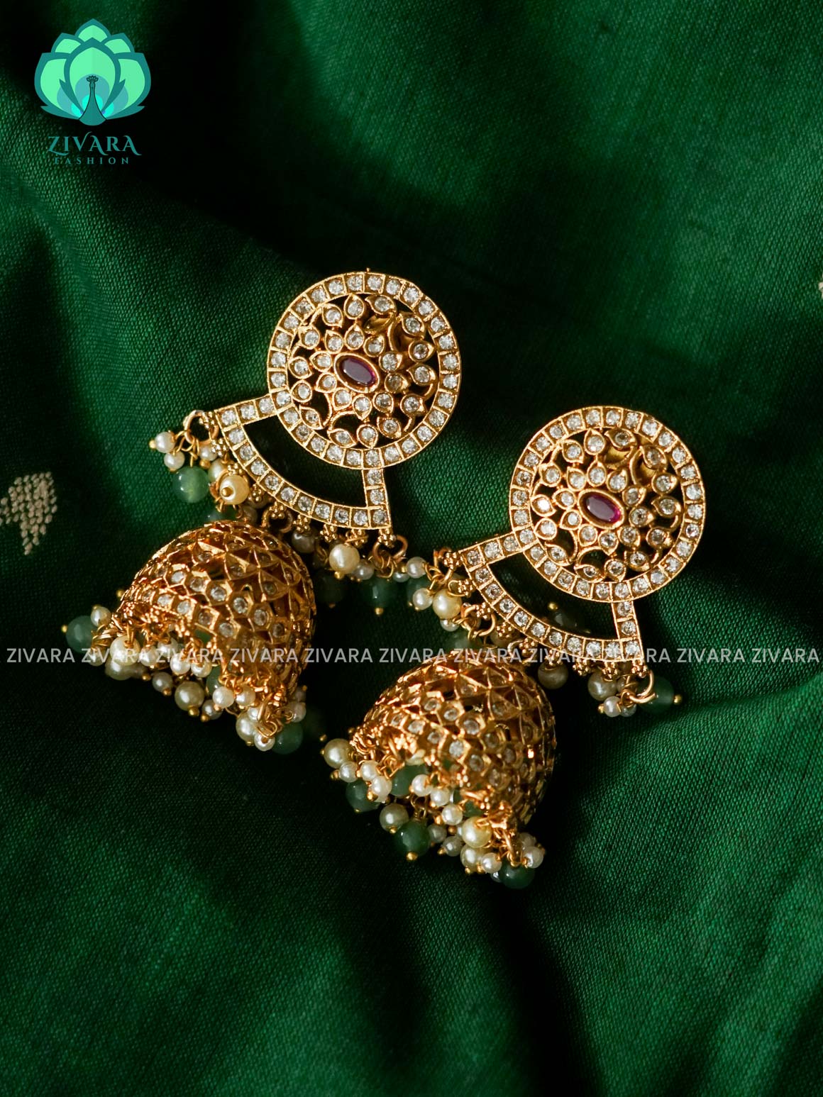 BIG SIZE WHITE STONE  BRIDAL JHUMKA WITH GREEN BEADS HANGINGS - latest trending collection - ZIVARA FASHION