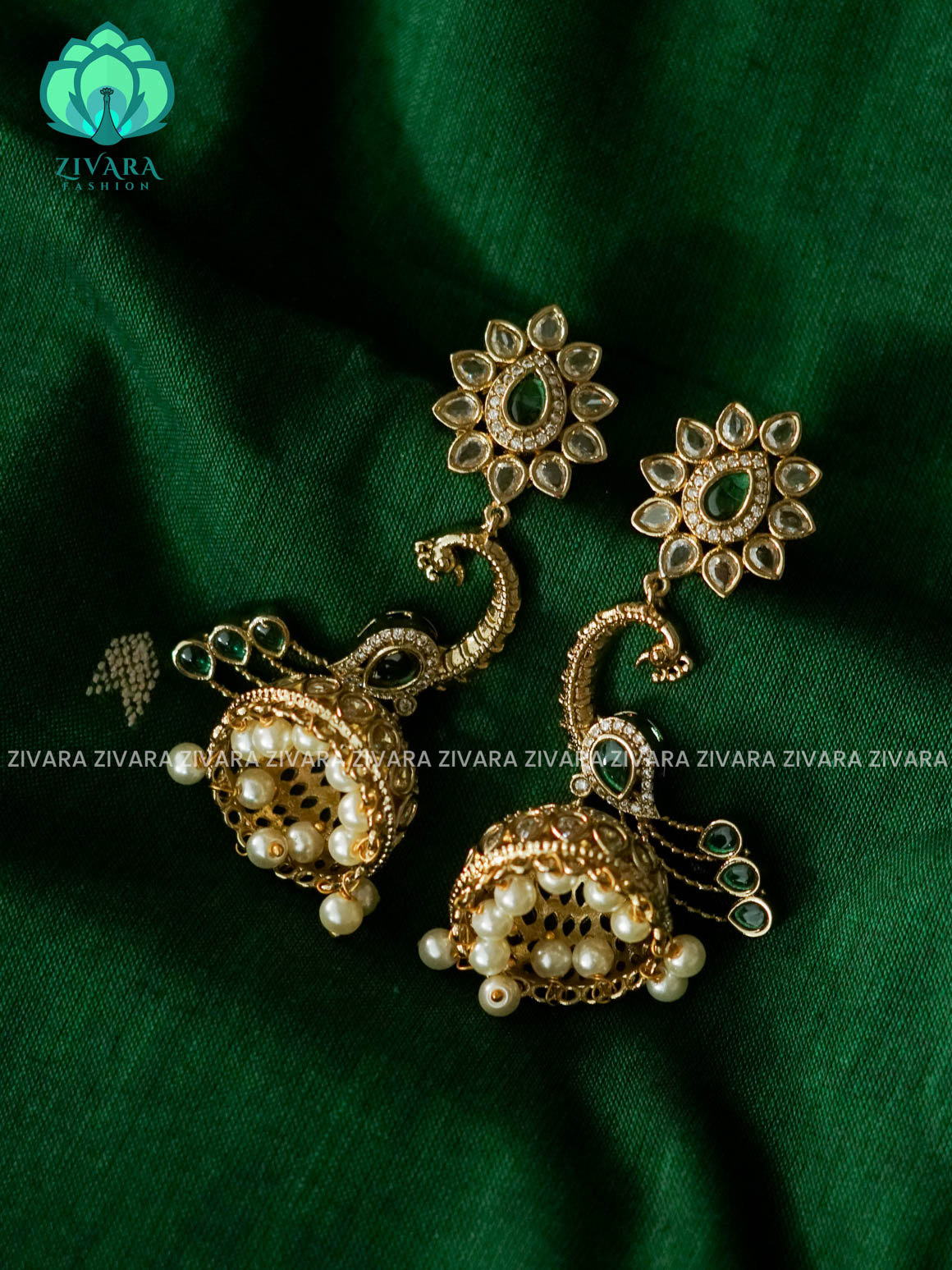 DIYA - GREEN FLOWER PEACOCK JHUMKA - TRADITIONAL PREMIUM JHUMKA- latest jewellery collection- zivara fashion