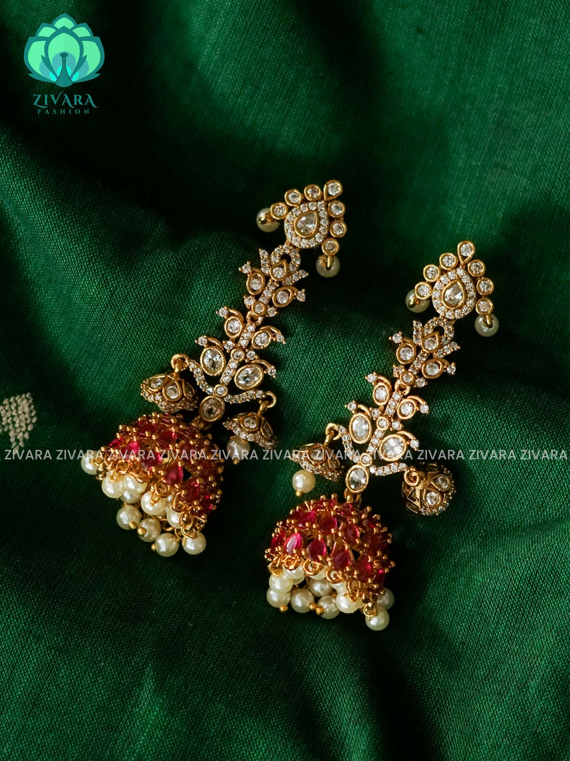 RUBY WHITE LONG STONE JHUMKA - Bridal PREMIUM MATTE  polish JHUMKA- latest jewellery collection- zivara fashion