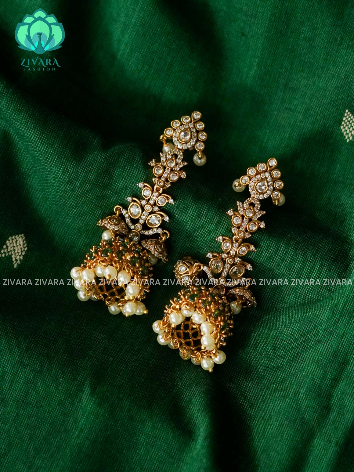 GREEN WHITE  STONE LONG JHUMKA - Bridal PREMIUM MATTE  polish JHUMKA- latest jewellery collection- zivara fashion