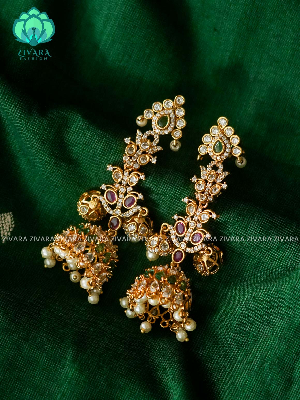 RUBY GREEN WHITE  STONE LONG JHUMKA - Bridal PREMIUM MATTE  polish JHUMKA- latest jewellery collection- zivara fashion