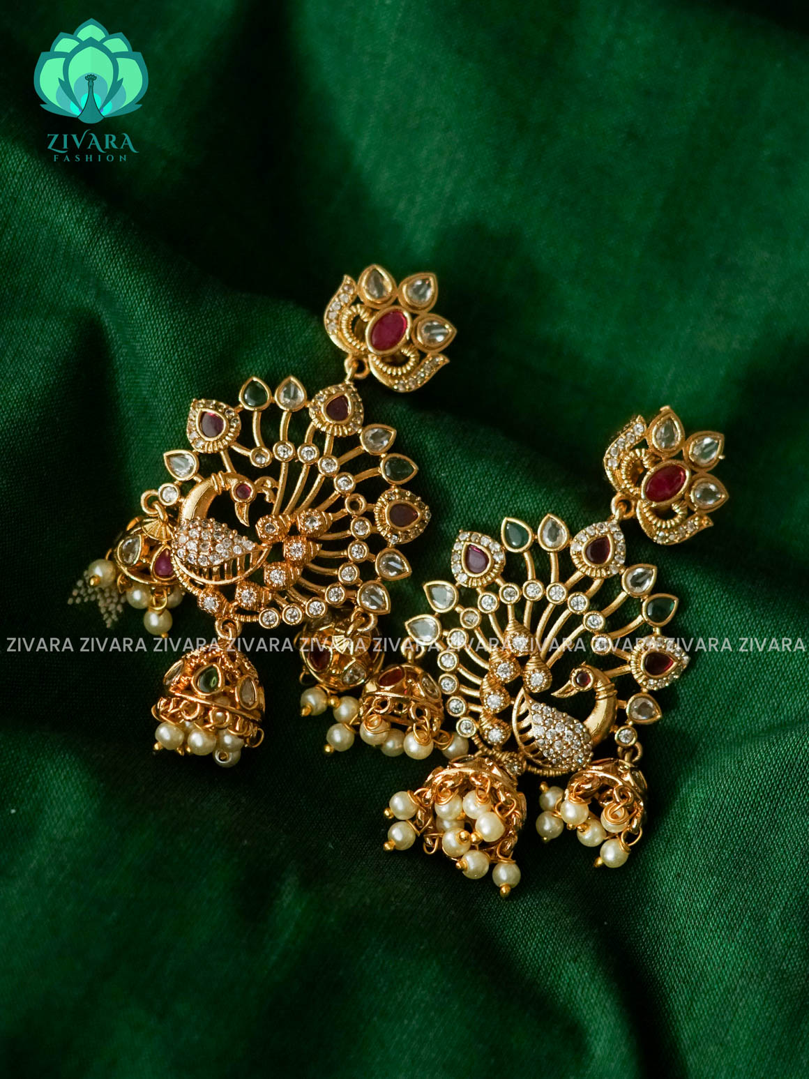 RUBY GREEN  PEACOCK THREE JHUMKA - latest jewellery collection- zivara fashion