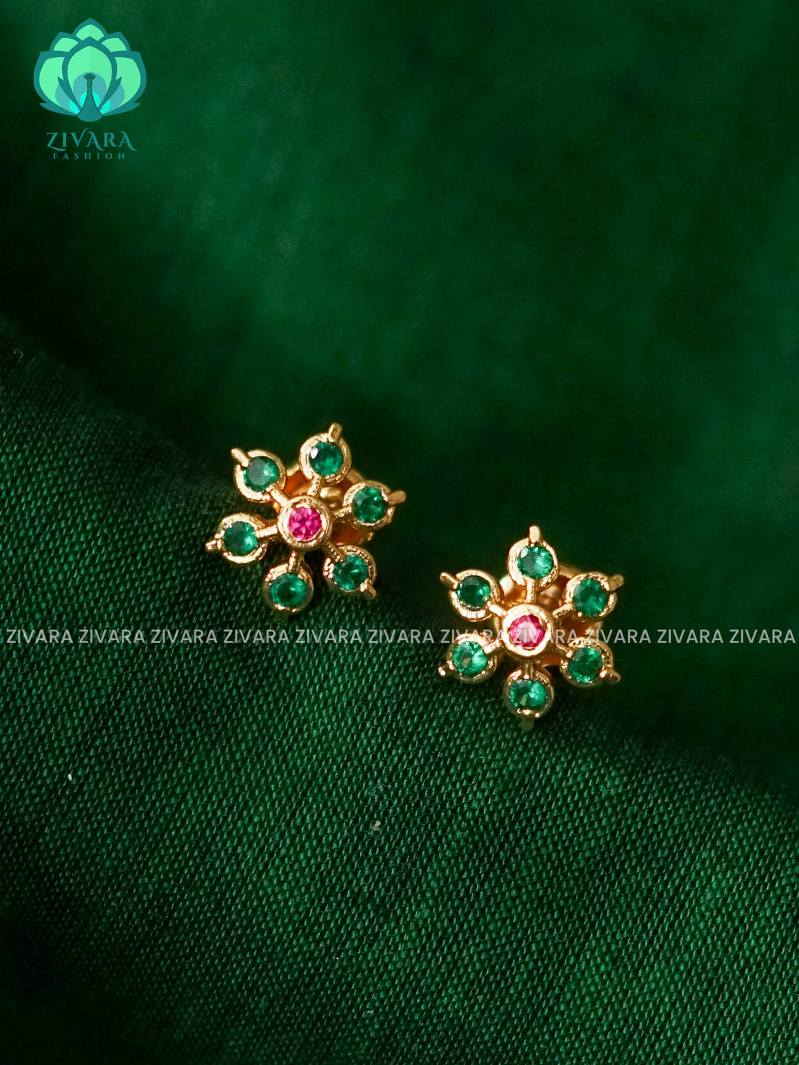 ZYRA- MEDIUM SIZE GREEN STONE FLORAL MICRO  GOLD POLISH STUD - latest jewellery collection- zivara fashion
